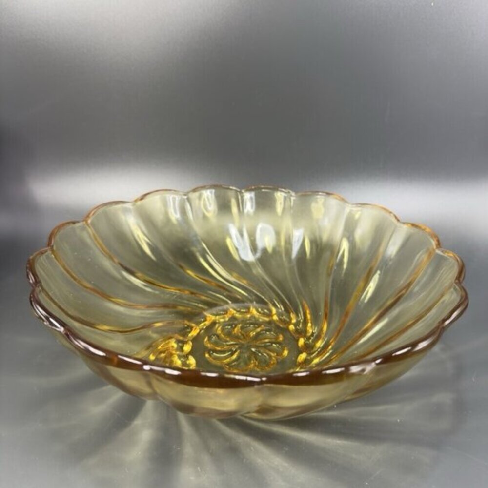 Vintage Hazel Atlas Optic Colonial Swirl Seashell Amber Serving Fruit Bowl 9inch